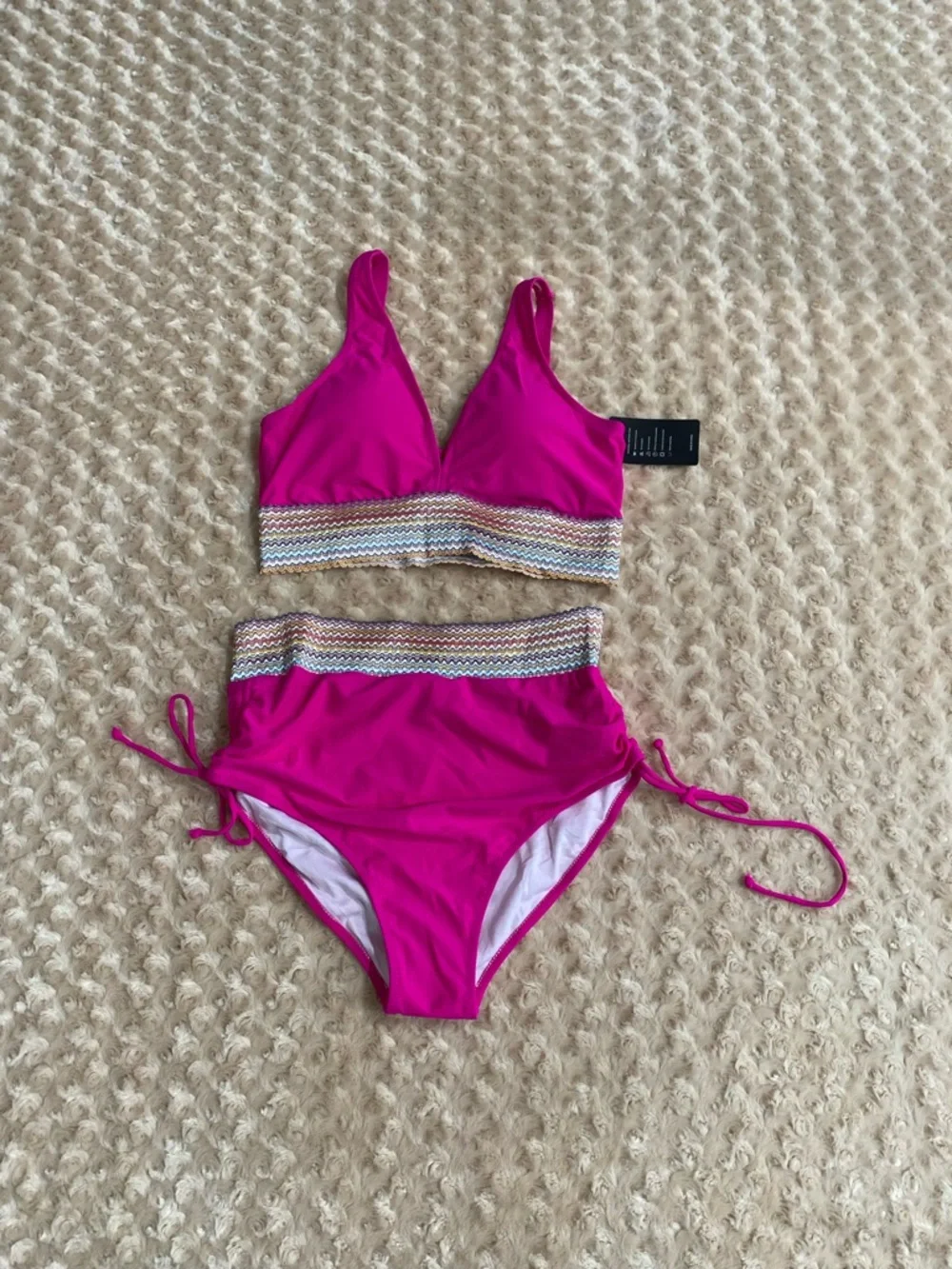 New Women Large Hot pink high-waisted two-piece bikini set featuring a V-neck